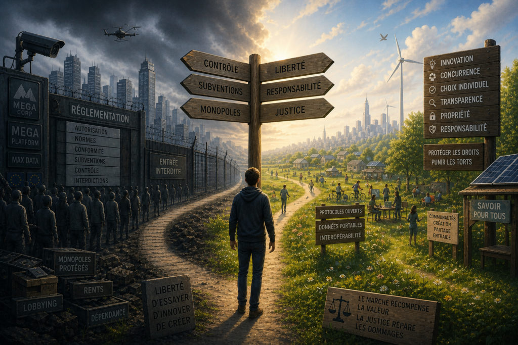 Illustration symbolique montrant un individu à la croisée des chemins entre deux visions du numérique : d’un côté, un monde sombre dominé par la réglementation, les subventions, les monopoles et la surveillance ; de l’autre, un paysage ouvert fondé sur la liberté, la responsabilité, l’innovation, la concurrence, la propriété et l’accès au savoir pour tous.