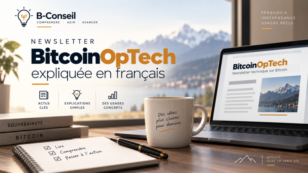 Visuel B-Conseil présentant la « Newsletter BitcoinOpTech expliquée en français », dans un décor de bureau lumineux face aux montagnes. Le visuel met en avant trois promesses : actualités clés, explications simples et usages concrets.